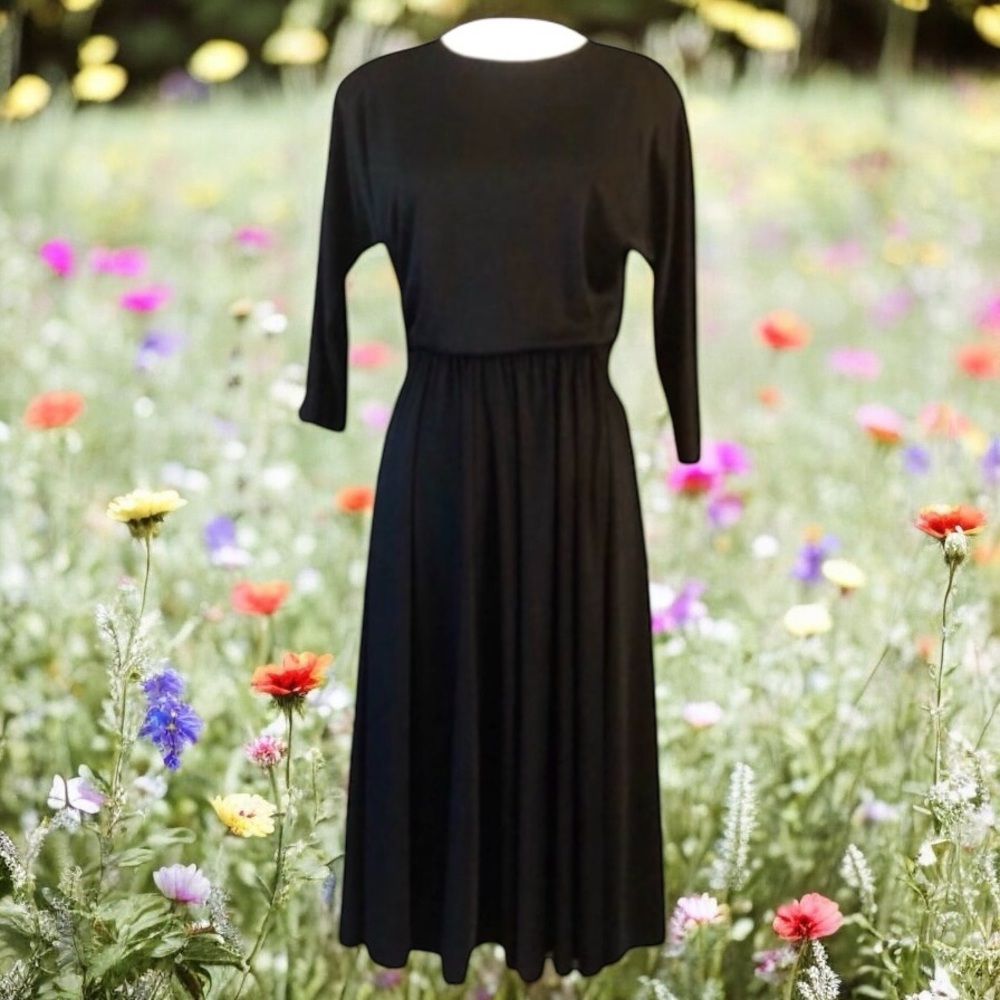 Vintage Glam Black Disco Dress with Semi Full Skirt, 70’s LBD, Midi Length, S/M